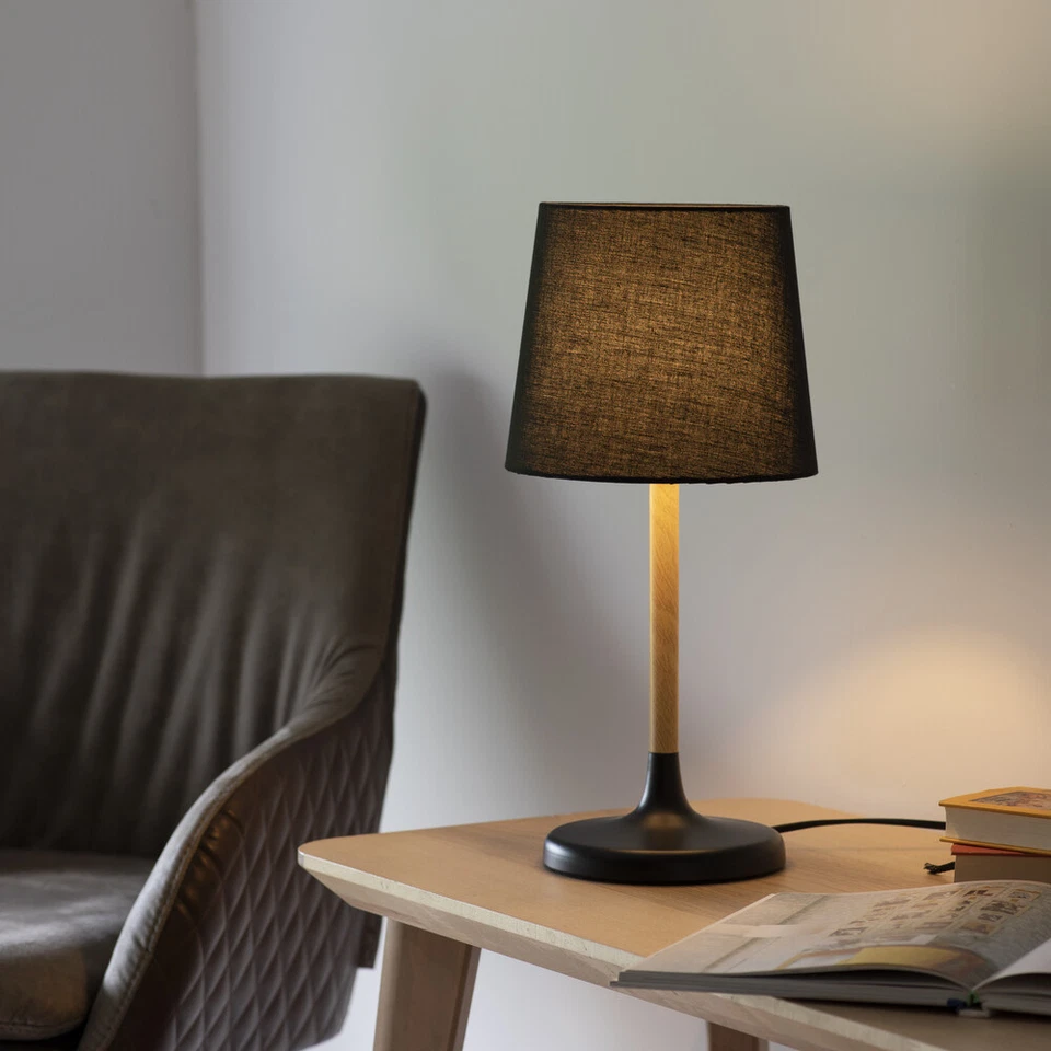 Tischleuchte Holz schwarz Stoffschirm Nachttischlampe Textilschirm E14 schlicht