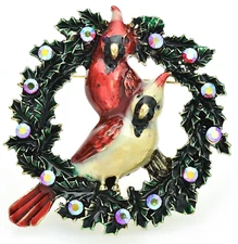 AURORA BOREALIS CRYSTAL CARDINAL COUPLE HOLIDAY WREATH BROOCH PIN!