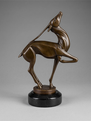 Art Deco Antilope Skulptur aus patinierter Bronze, nach Marcel Bouraine, Meeressockel »