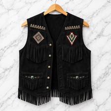 Men's Black Suede Leather Fringe Vest Western Cowboy Biker Boho Waistcoat