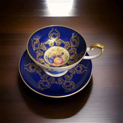 Aynsley Pedestal Tea Cup And Saucer Orchard Fruit Cobalt Blue Signed D. Jones