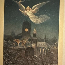 Vtg Christmas Card MCM Angel Front Only Louis Prang Hallmark Flying over City