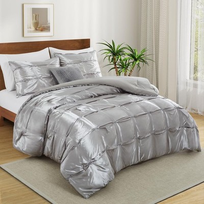 Lanest Housing King Size Satin Comforter Set Grey, 3 Pieces Soft and Lightwei...