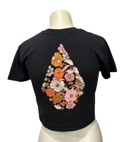 VOLCOM Pocket Dial Crop Tee GIRLS L (10/12) Black Floral Print Pocket Cotton EUC - Picture 2 of 10