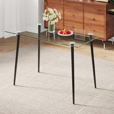 Rectabgle Clear Tempered Glass Dining Table with Black Metal Legs Kitchen Table