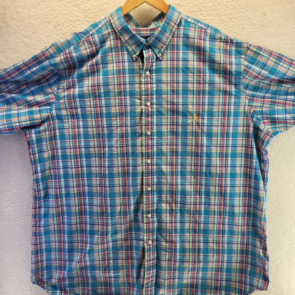 Ralph Lauren Blue Label Classic Fit Button Shirt Mens 3XL 3XLT Blue Plaid Pony - Image 2 of 4