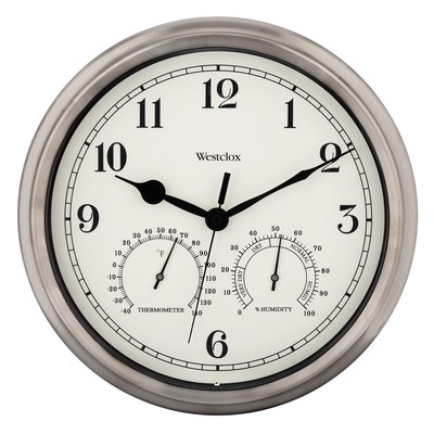 Indoor/Outdoor Wall Clock with Temperature & Humidity Gauges, Weather-Resista...