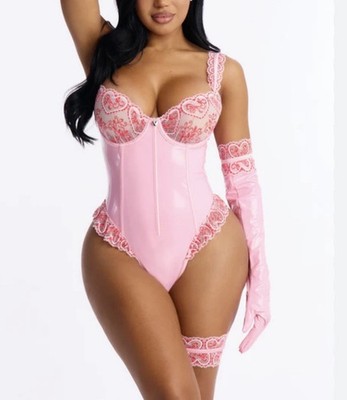 Forplay NWT Pink Patent Faux Leather Lace Teddy Bodysuit Lingerie Medium