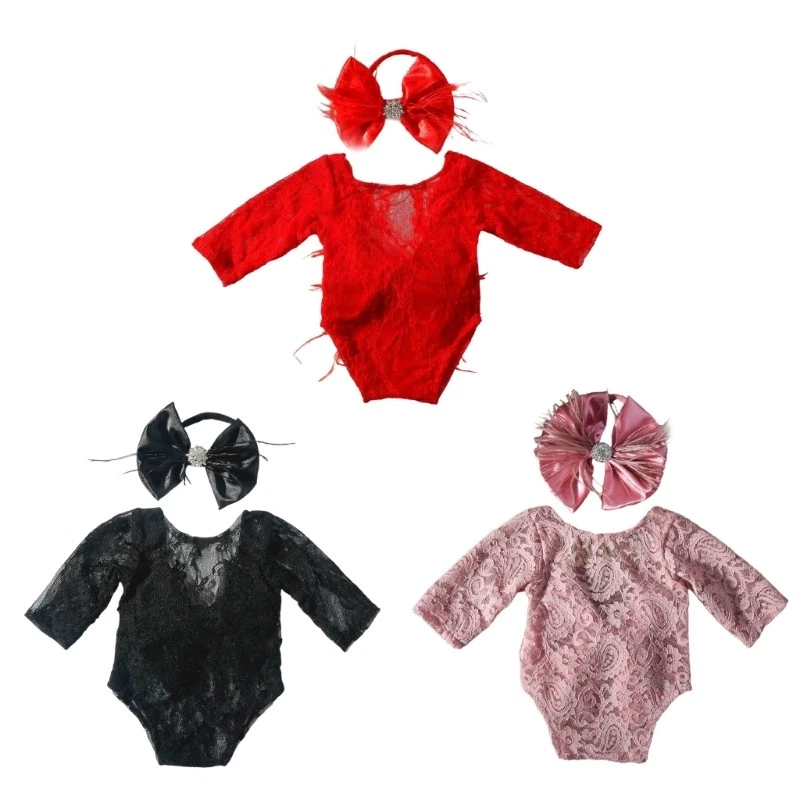 Little Girl Lace Romper & Hairband Baby Outfit Clothing for Newborn Photography