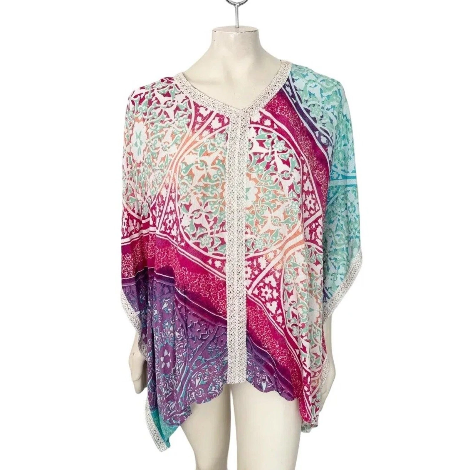 CHICO'S Colorful Mixed Floral Print Gauzy Resort Wear Shawl Poncho WOMENS MEDIUM