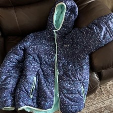 Eddie Bauer Girls Reversible Hooded Puffer Jacket L 14/16 Navy Aqua Abstract