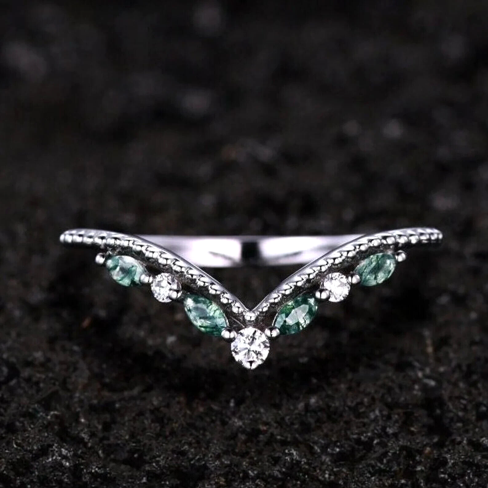 Moss Agate Marquise Cut Wedding Band in 925 Sterling Silver-image