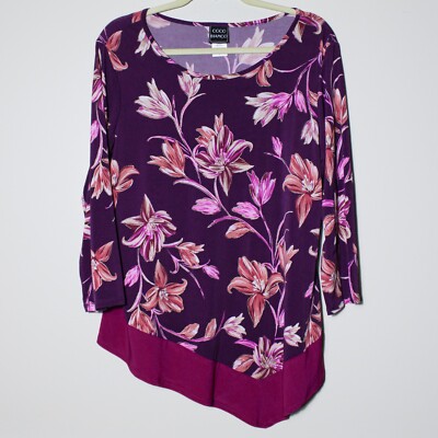 Coco Bianco Asymmetrical Tunic Top Purple Tropical Dark Floral Stretch Size L