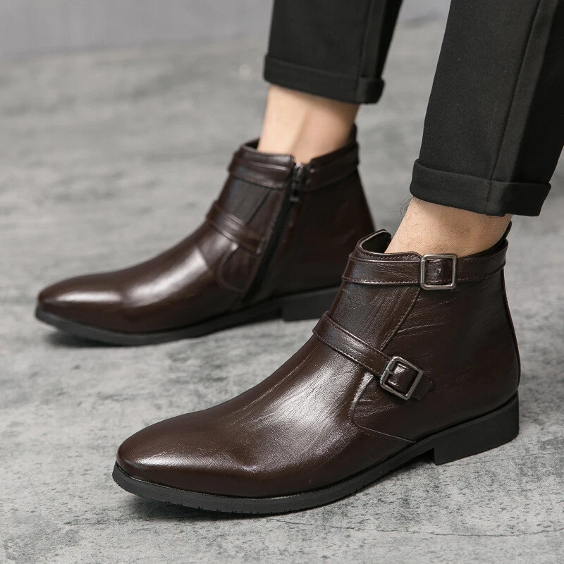 Mens Punk Buckle Strap Ankle Boots Business Casual Pointed Toe