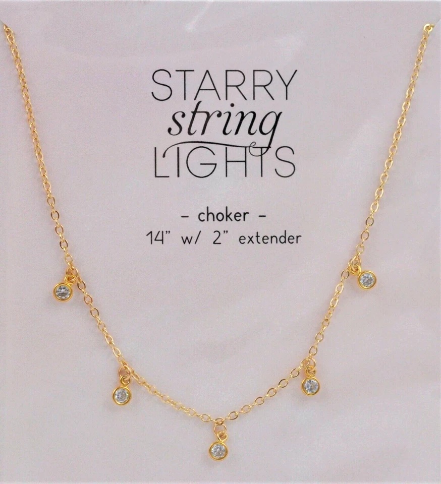 Starry String Lights 14k Gold dipped Crystal Choker Necklace 14" + 2" Dogeared - Image 3 of 4