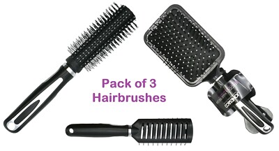 3x Black Paddle, belüftete & radiale Haarbürsten Set, alle Haartypen Salonbürsten