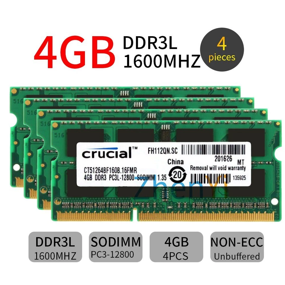 16GB 8GB 4GB RAM PC3L-12800 DDR3L-1600MHz SODIMM Memory Laptop For Crucial LOT - Image 2 of 4