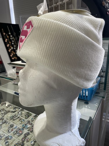 Super Girl Beanie Hat One Size White Knit Cozy Embroidered Supergirl Pink Logo - Picture 4 of 6