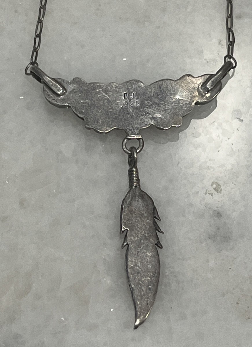 アクセサリー Vintage B.J. NAVAJO Jewelry Necklace 925 Navajo B.J. Sterling Silver 925 Turquoise Etched Feather