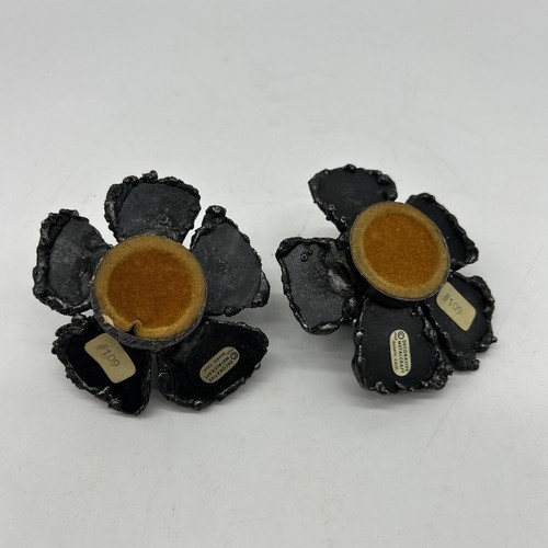 VTG Brutalist Metal Set Of 2 Candlestick Holders Made In US Flower Wrought IRON - Picture 8 of 15