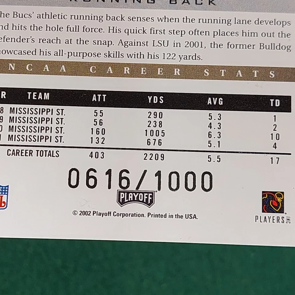 Dicenzo Miller 2002 Playoff Honors Football ROOKIE Card #135 serial #6161/1000 - Image 3 of 4