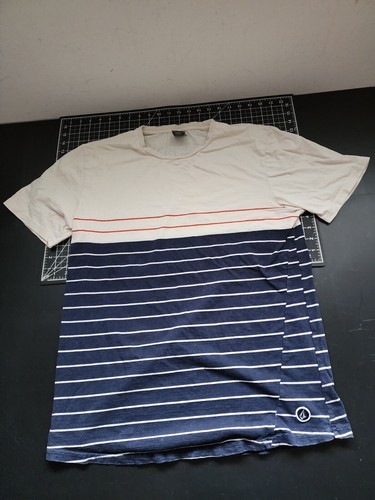 Volcom Stone Ogden Crew Tee Shirt Men's Size L Large Tan Blue Striped - 第 1/8 張圖片
