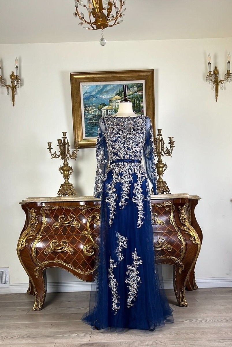beaded embroidery prom dress Formal Long Sleeves rhinestone beaded Embroidery Long Evening prom dress