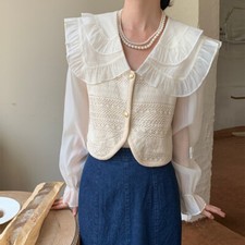 Damen Häkel Bluse Top Rüschen Chiffon Knopf Langärmelig Retro Hemd Freizeit