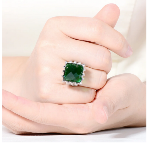 Lab Created Princess Cut Green & Round White Gemstone Women's Ring In ...