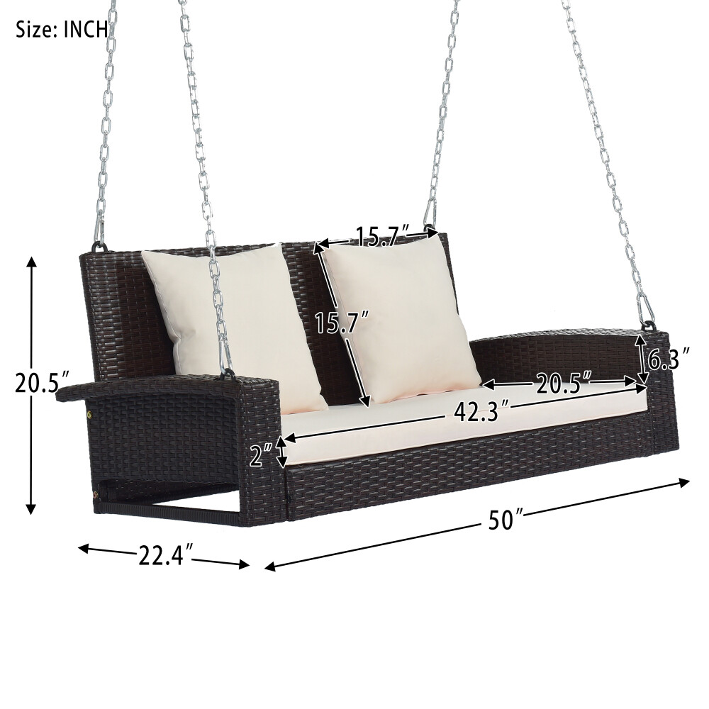 2-Person Wicker Hanging Porch Swing with Chains, Cushion, Rattan Swing Bench
