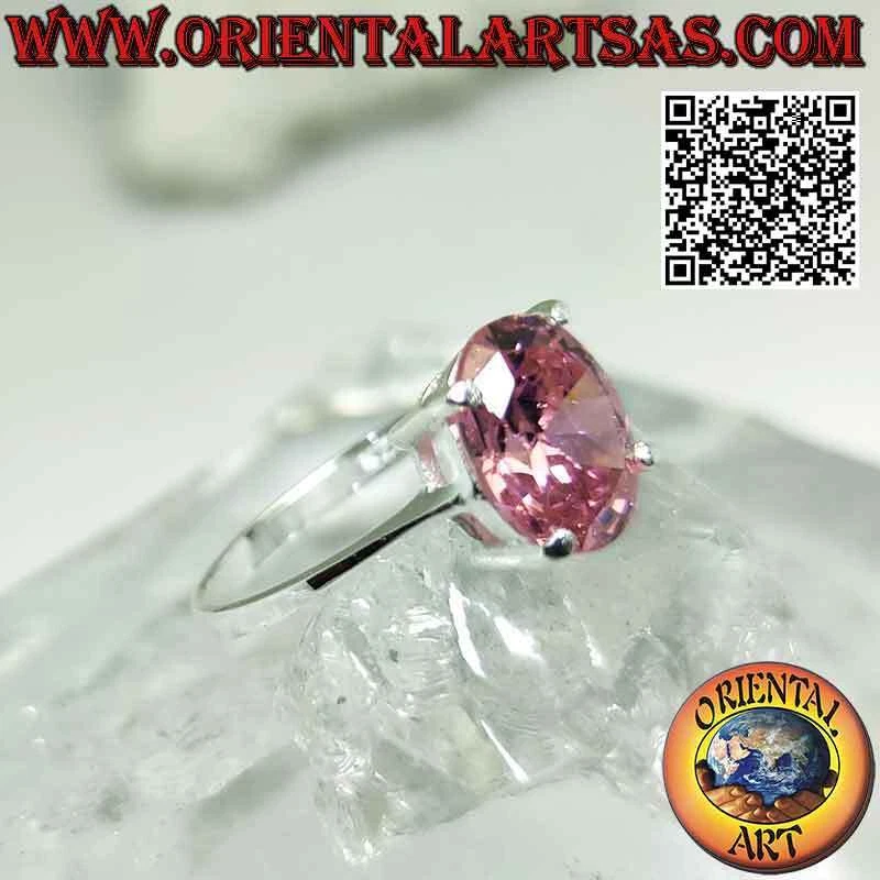 Anello in argento 925 ‰ zircone rosa di Francia sfaccettato ovale incastonato - Immagine 2 di 4