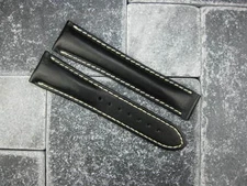 OMEGA 22mm Black Calf Leather Deployment Strap White Stitch Watch Band Seamaster