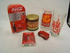 Lot of 6 Coca Cola Collectible Items  Glasses, Tins , Deck Of Cards, & Truck