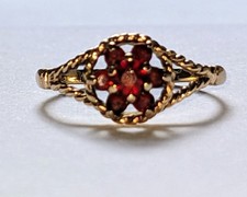 9ct Yellow Gold Garnet Ring Hallmarked Unusual Floral Medallion Statement Ring