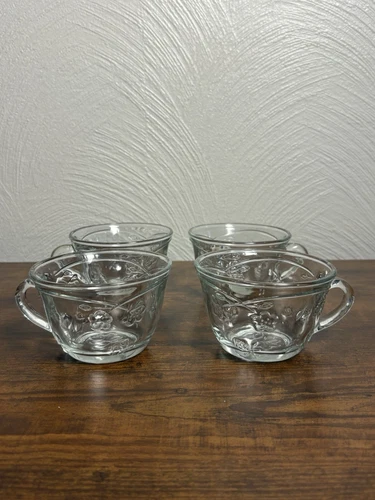 Vintage Anchor Hocking Savannah Coffee, Tea, Punch Cups Floral Clear Glass 4
