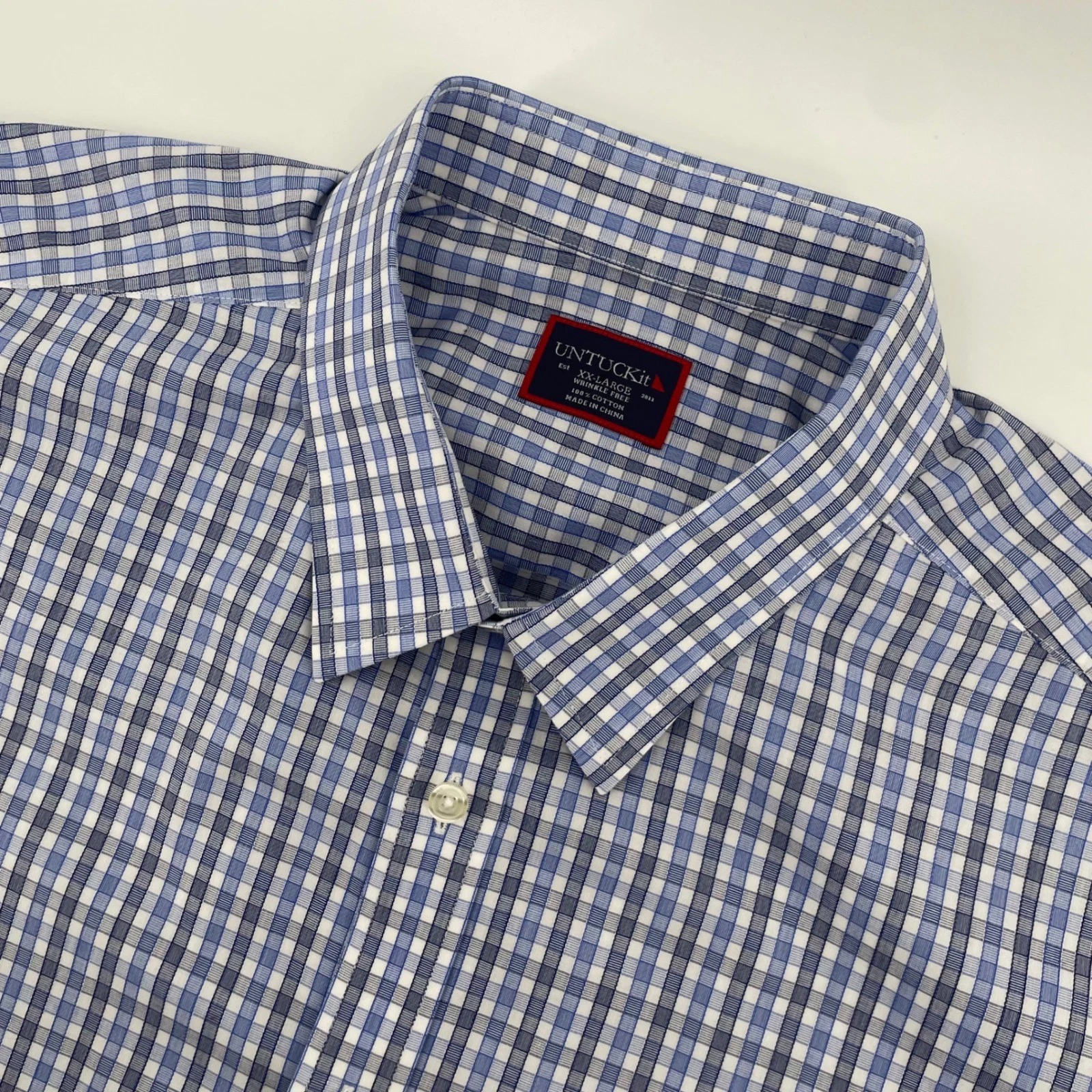 UNTUCKit Button Down Mens XXL Blue Gingham Short Sleeve Pio Cesare Wrinkle Free