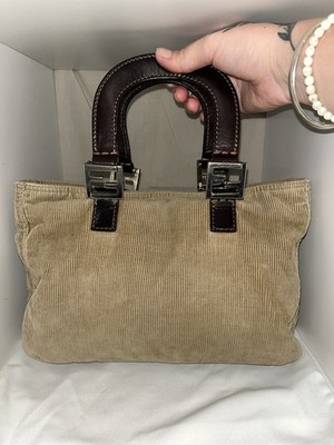 Vintage Fendi Corduroy Mamma Tote Bag Brown Leather Top Handle FF Hardware Auth