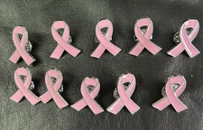 Lot Of 10 Breast Cancer Awareness Pink Enamel Ribbon Lapel Hat Tac Pins Silver