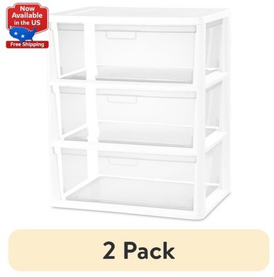 (2 pack) Sterilite Wide 3 Drawer Tower, Plastic Storage Organizer , White