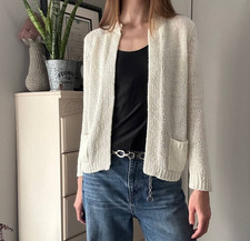 Vintage 70s LeRoy Knitwear Ivory Knit Cardigan Open Front Pockets Size S Classic