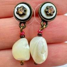 Carved Mother Of Pearl MOP Earrings Crystal Drop Victorian Revival Dainty Small