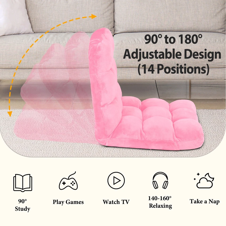 Floor Chair Adjustable Lazy Floor Sofa Chair Folding Gaming Lounger Padding Pink - Image 3 of 4