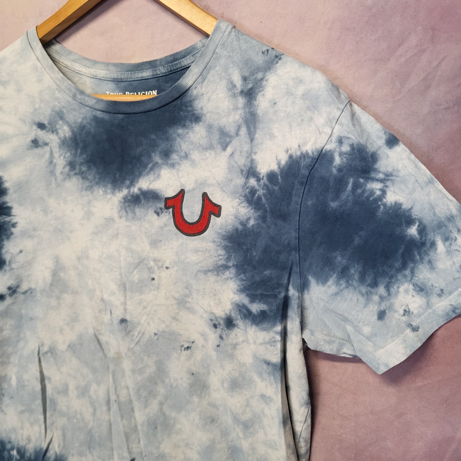 True Religion Tye Die Buddah Guitar Graffic T-Shirt Blue Men's Size M thumbnail 2