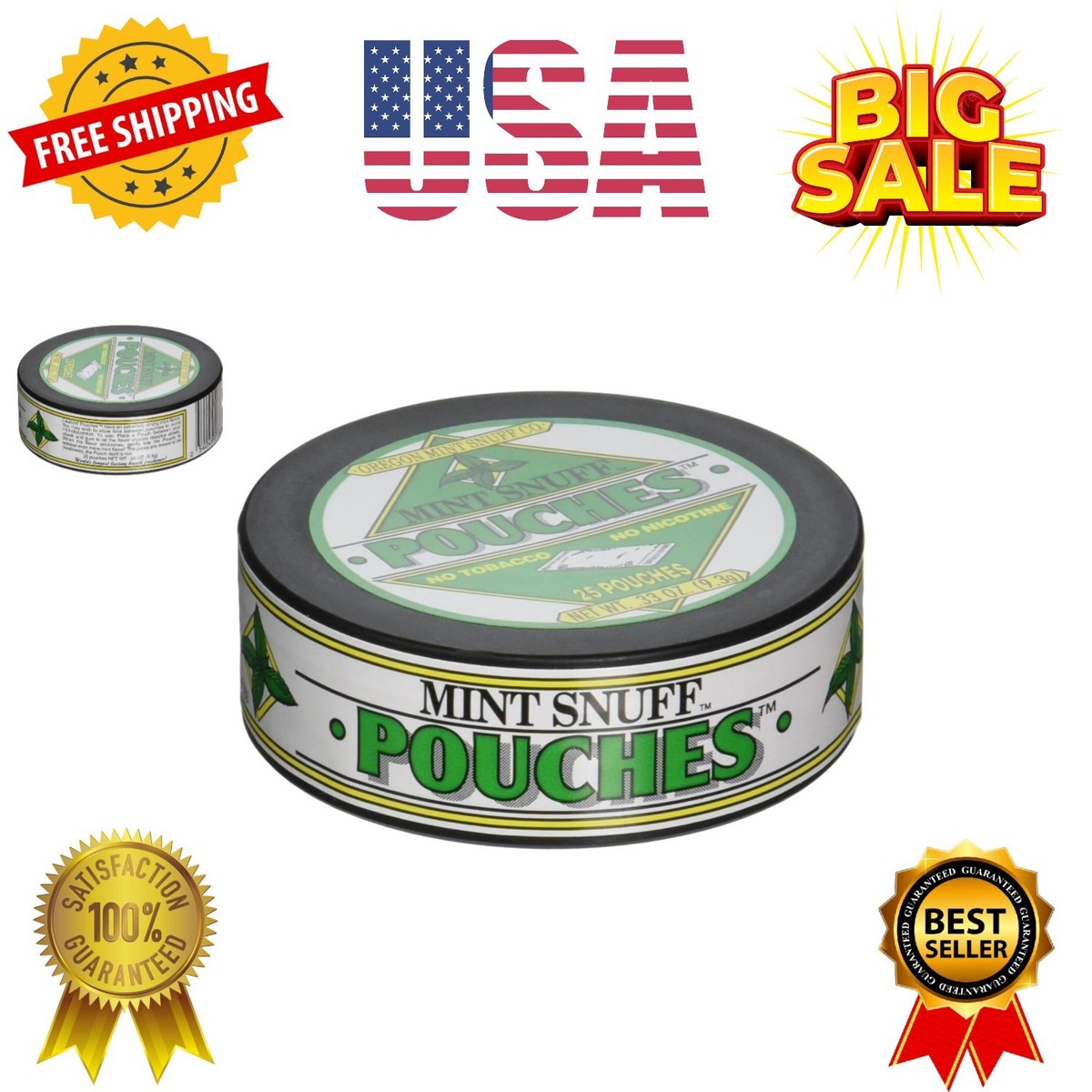 Mint Snuff, Non-tobacco, 5 Cans Peppermint Pouch
