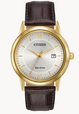 Citizen Corso AW1232-04A Classic White Ivory Dial Gold Tone Brown Leather Watch