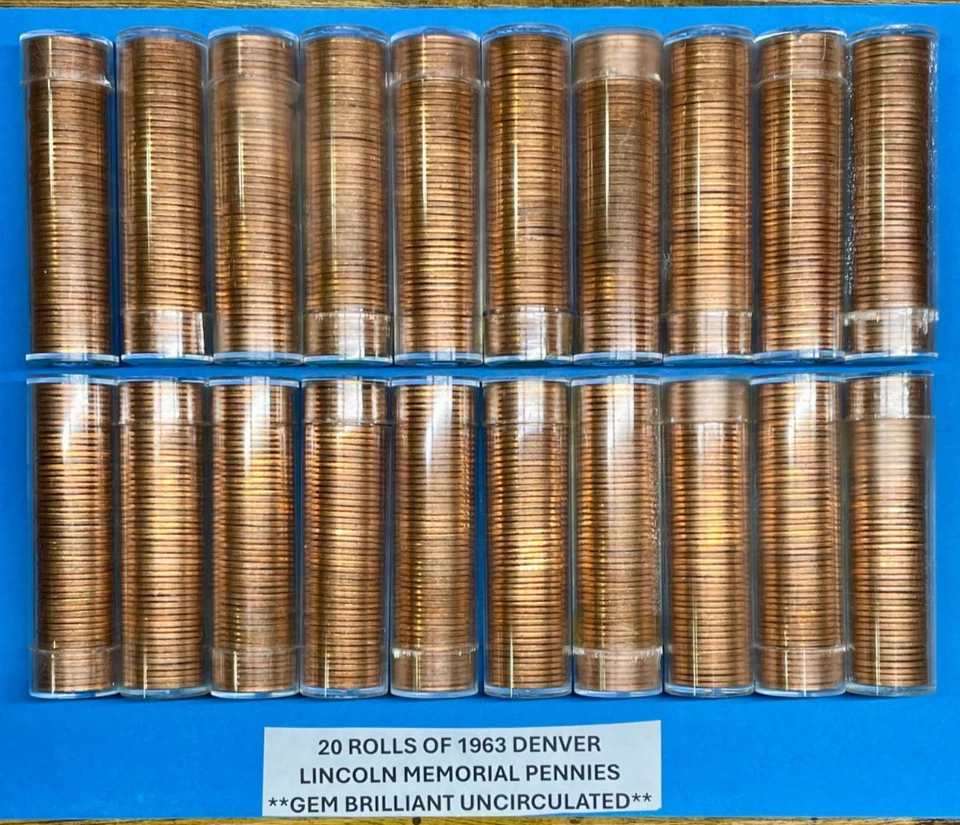 1963-D Lincoln Memorial Penny Lot of 20 BU Rolls ~ 1,000 GEM BU 1963-D Pennies - Image 4 of 4
