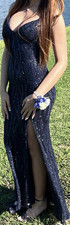 Women's navy blue  Sequin V-Neck Backless A-Line Maxi Dress Side Slit Size XS
