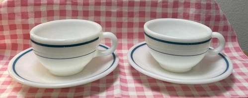 VTG Corning Decor Pyrex TableWare 2 Coffee/Tea Cups 2 Saucers Teal Stripe 