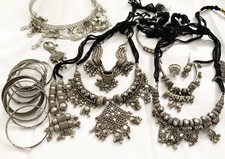 Belly Dance Boho Tribal Jewelry Set Necklaces Headdress Bracelets Ring Silver