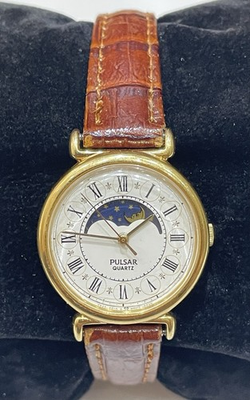 #ad Vintage Women#x27;s Pulsar #V829 0010 Moon Phase Watch Gold Tone Leather Band Works $34.99